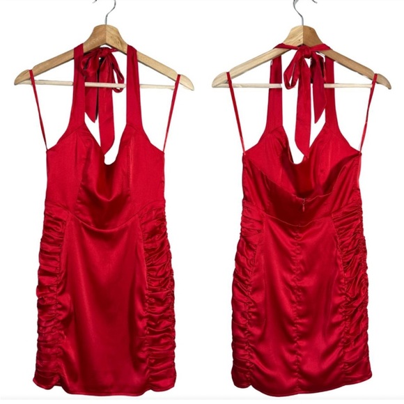 SAINTS + SECRETS NWT Red Satin Halter Ruched Mini Dress Bodycon Size 10 - Picture 2 of 13